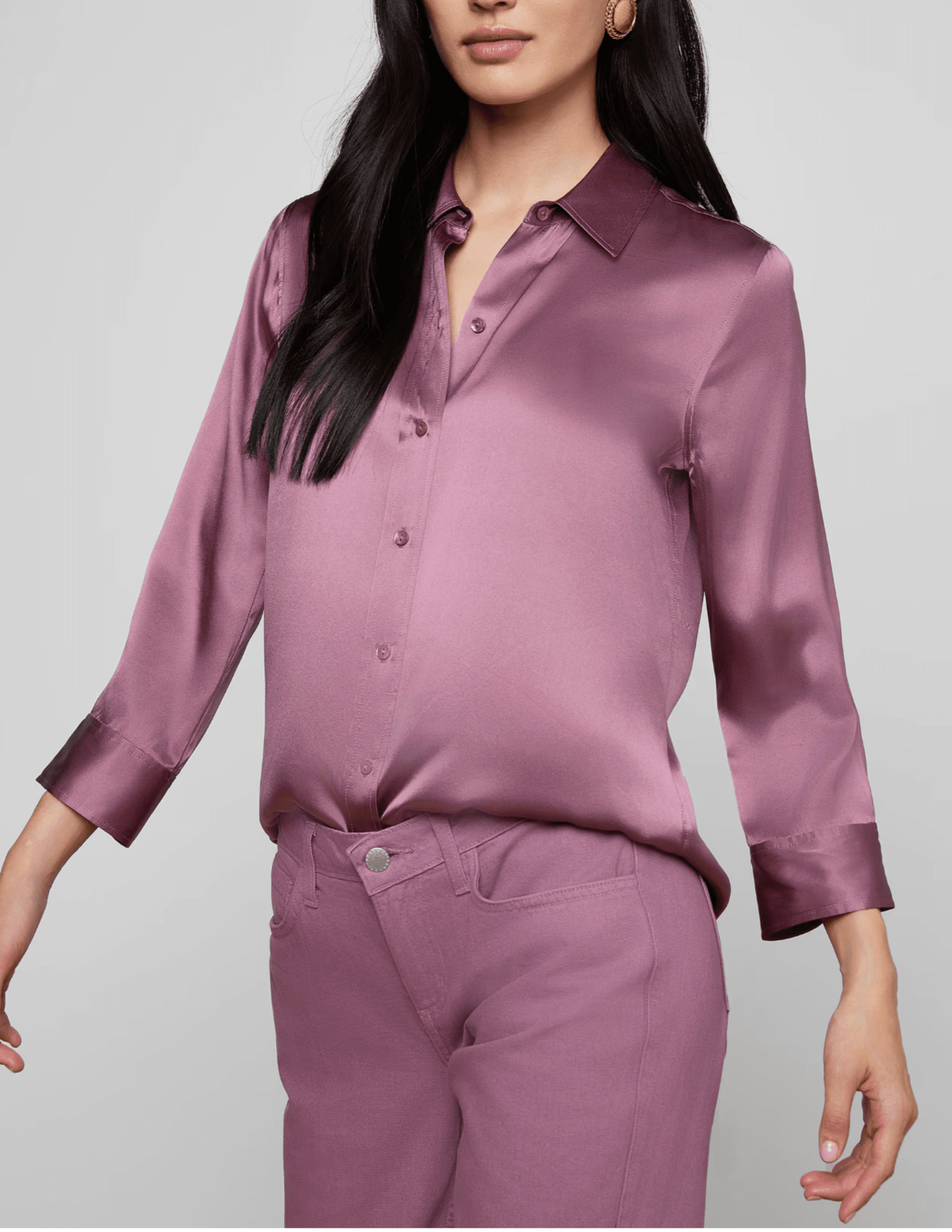 Side view of L’AGENCE Dani Three Quarter Sleeve Blouse in Dusty Orchid