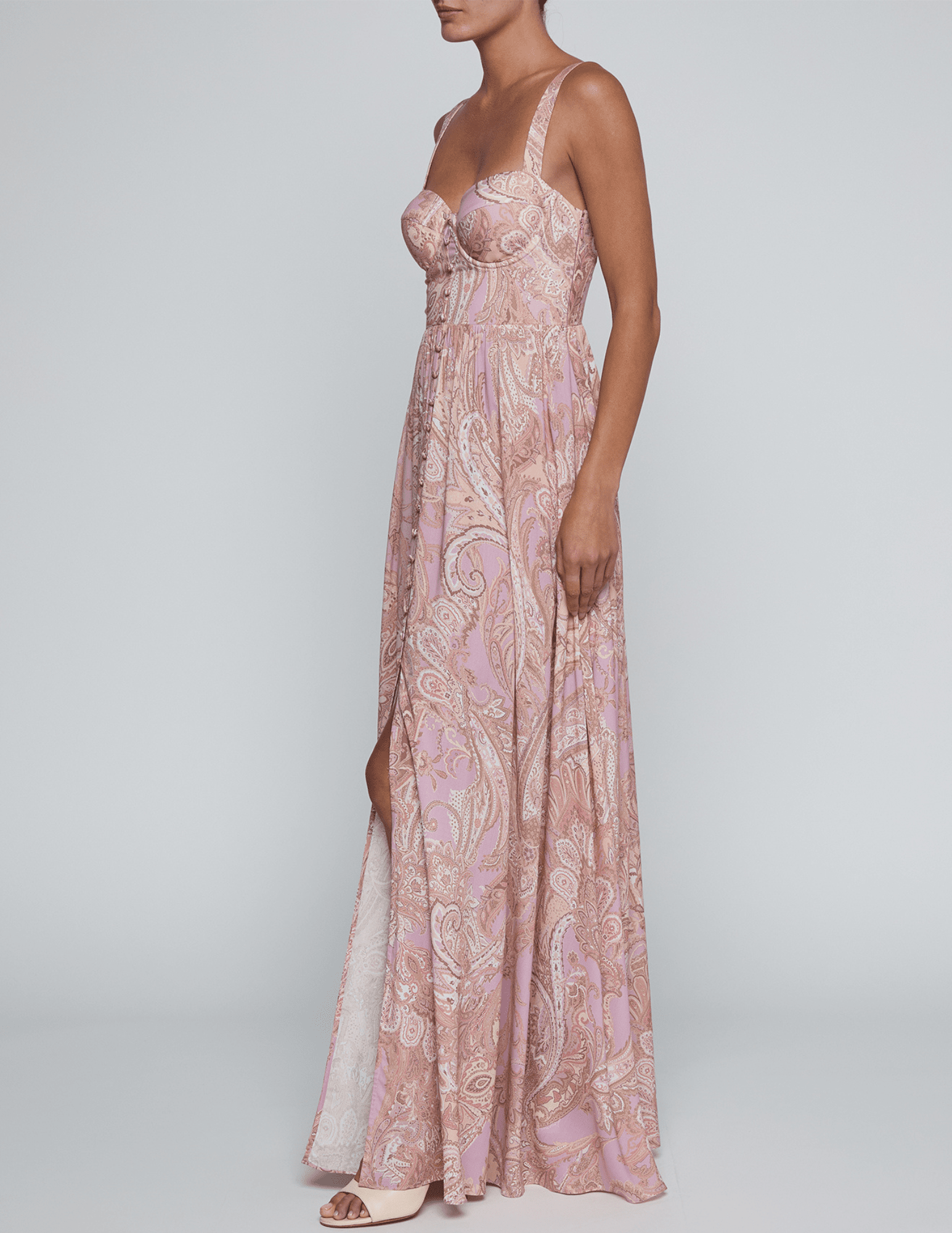 Side view of L'AGENCE Rosette Bustier Maxi Dress in Mauve Multi Paisley
