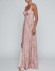 Side view of L'AGENCE Rosette Bustier Maxi Dress in Mauve Multi Paisley