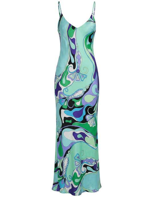 St. Barths La Robe Marcella Printed Maxi Dress in Green Purple Swirl