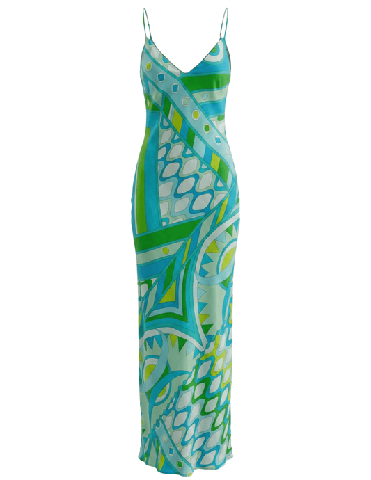 St. Barths La Robe Marcella Printed Maxi Dress in Light Blue Green Retro