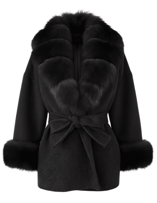 Steven Dann Cori Fox Trim Wool Wrap Coat in Black