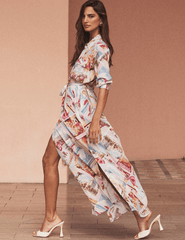 L'Agence - PRE-ORDER-L'AGENCE Cameron Long Shirt Dress in Light Pink Multi Large Postcard Print - Buy Online