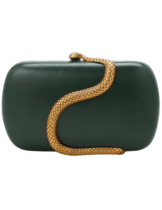 "Austin Blaze Fiona serpent leather clutch in forest with gold snake detail and chain strap"