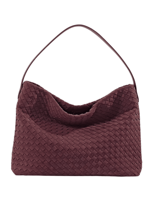 Austin Blaze Fletcher Woven Suede Shoulder Bag in Burgundy featuring intricate basketweave vegan suede, slouchy bucket silhouette, and shoulder strap.