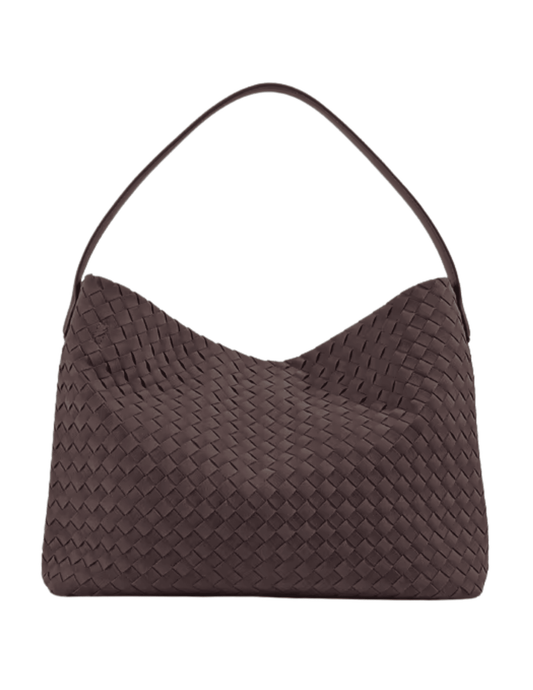 Austin Blaze Fletcher Woven Suede Shoulder Bag in Espresso featuring a rich brown basketweave texture, slouchy bucket silhouette, and shoulder strap.