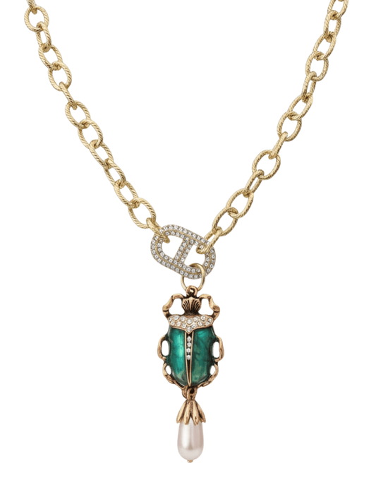 Austin Blaze Gypsy Beetle Necklace with gold-tone chain and green beetle pendant