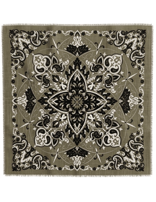 Austin Blaze Ivy Bandana Scarf in olive green with intricate black and ivory paisley print and fringe trim