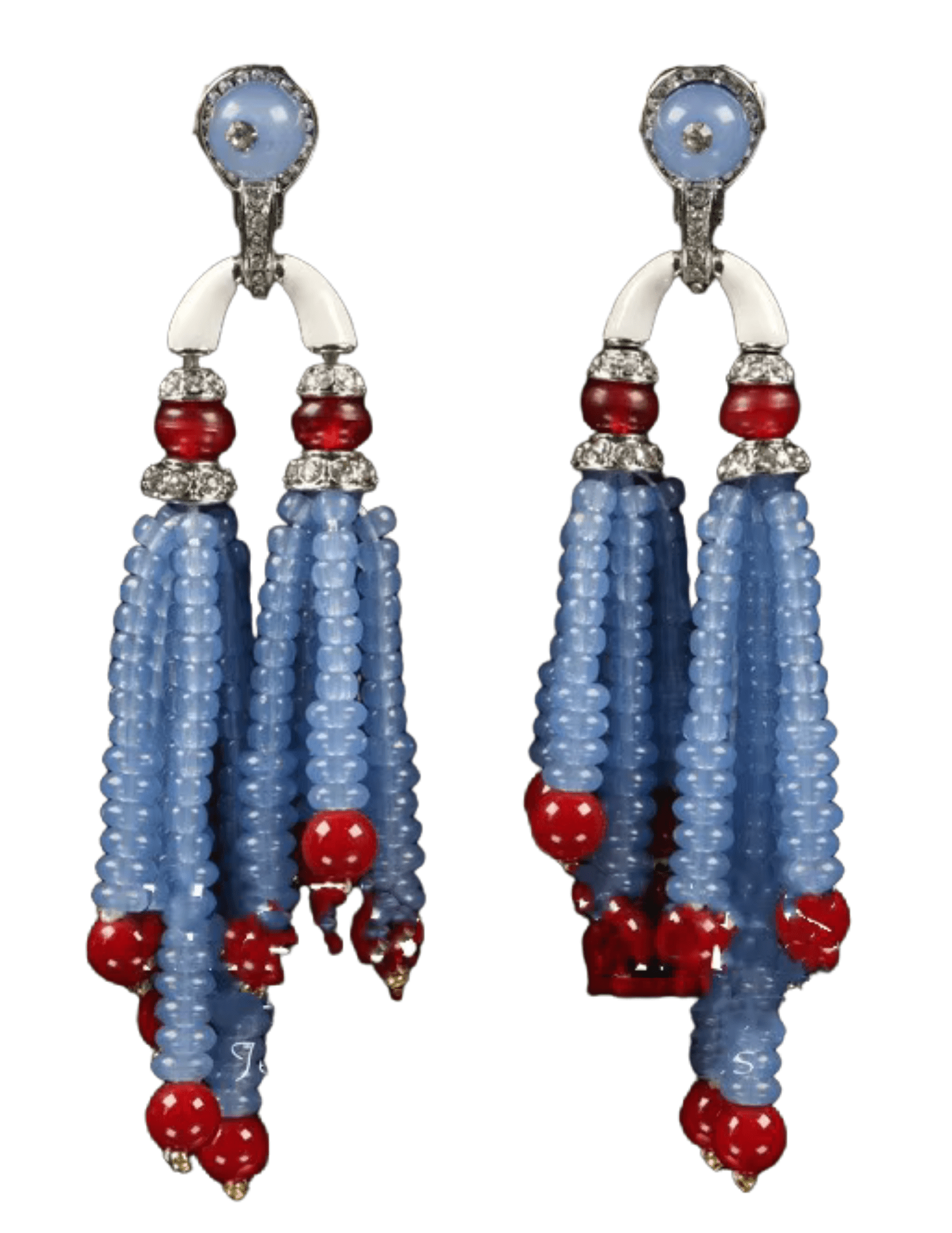 Austin Blaze Mila Tassel Earrings with blue beads and red accents.