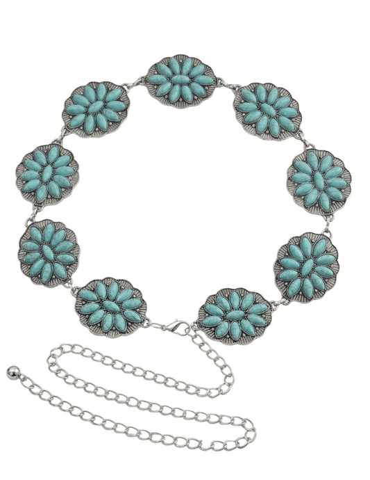 Austin Blaze Turquoise Concho Coin Chain Belt in Graphite Turquoise