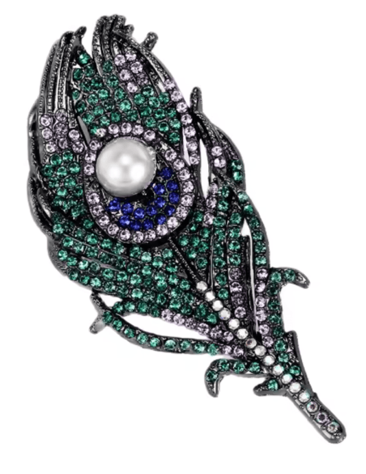 Austin Blaze Willa peacock feather brooch in blue green with CZ pavé and pearl center