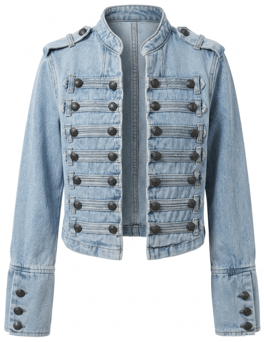 Austin Blaze Ziva military denim jacket stone washed blue front view