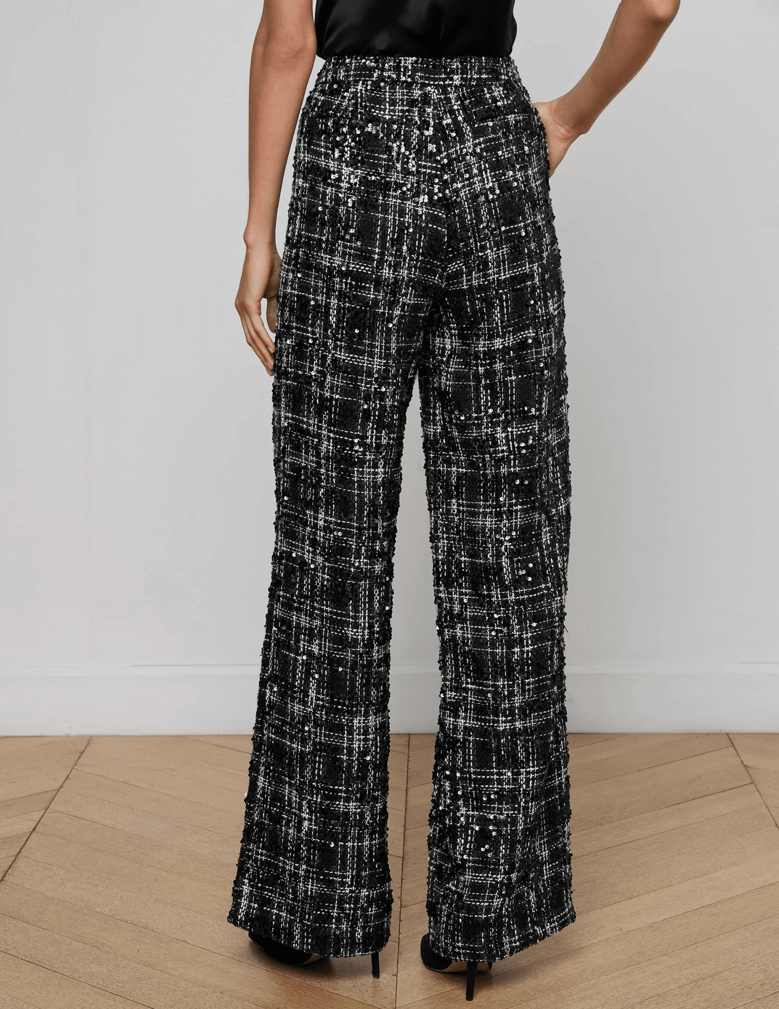 L'AGENCE Livvy Sequin Tweed Straight Leg Trouser in Black Ivory Tweed
