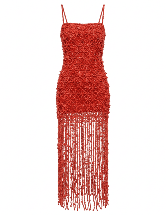 Cult Gaia Calantha Beaded Gown in Canyon featuring intricate beadwork, a square neckline, sculptural fringe hem, and a sleeveless maxi silhouette