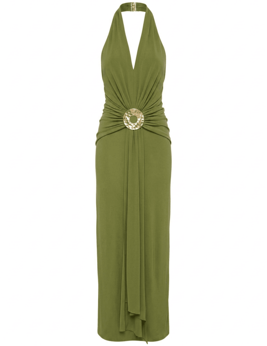 Cult Gaia Chii Halter Maxi Dress in Deep Pasture featuring a plunging halter neckline, sculptural gold-tone waist hardware, and flowing maxi silhouette
