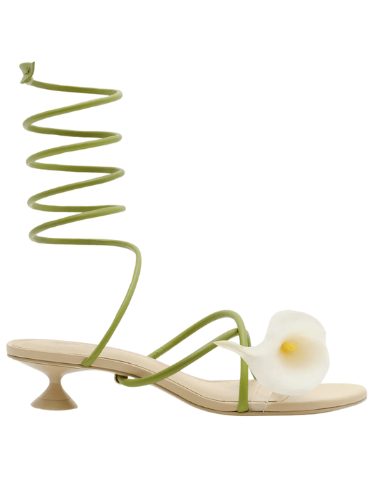 Cult Gaia Claire Kitten Heel Sandal in Multi with spiral ankle wrap and calla lily detail