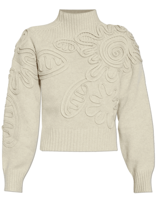 Cult Gaia Deva Knit Sweater in Beach with corded floral appliqué front view