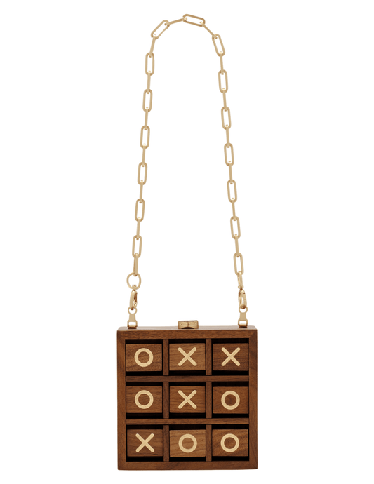 Cult Gaia tic tac toe clutch in walnut wood with gold chain