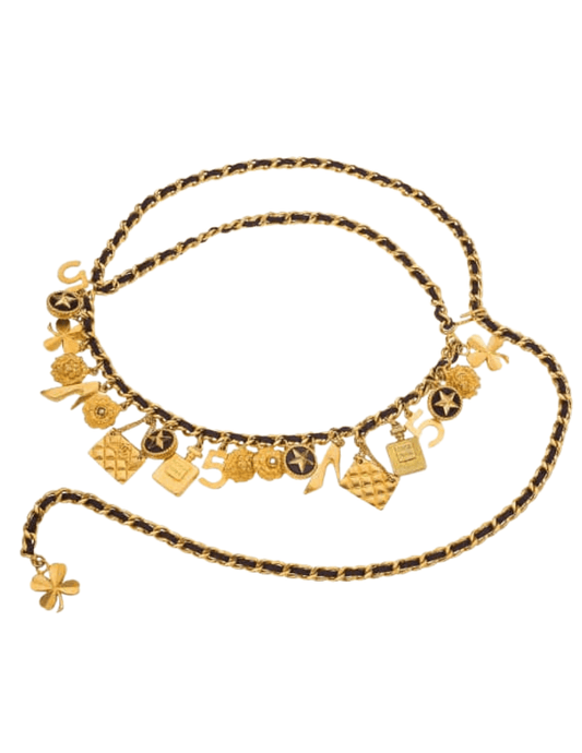 Designer gold black leather double chain belt with assorted charms
