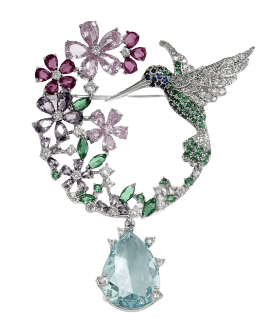 Fleur de Camélia Anna hummingbird brooch in silver with multicolor CZ