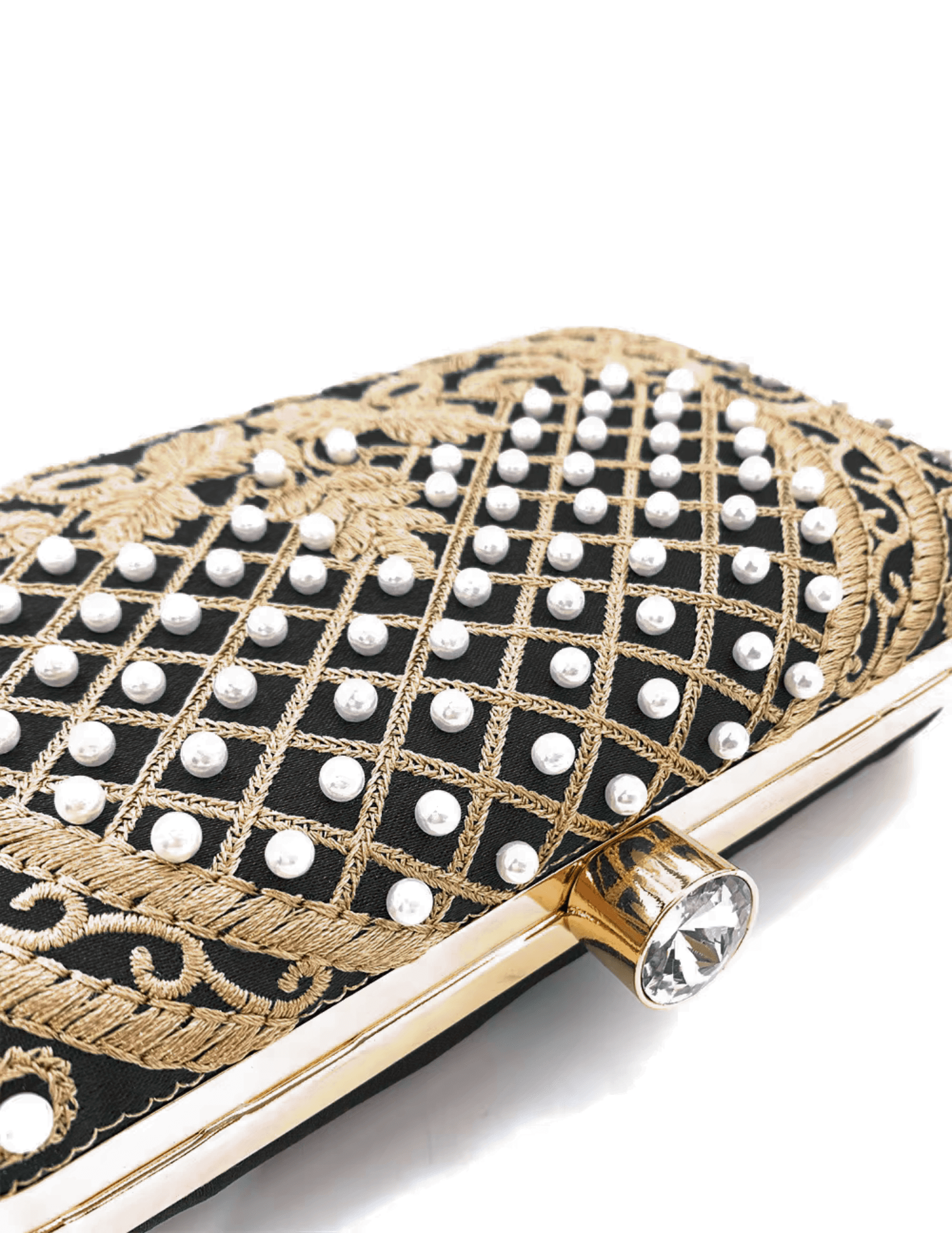 Black satin clutch with gold embroidery and pearl embellishments