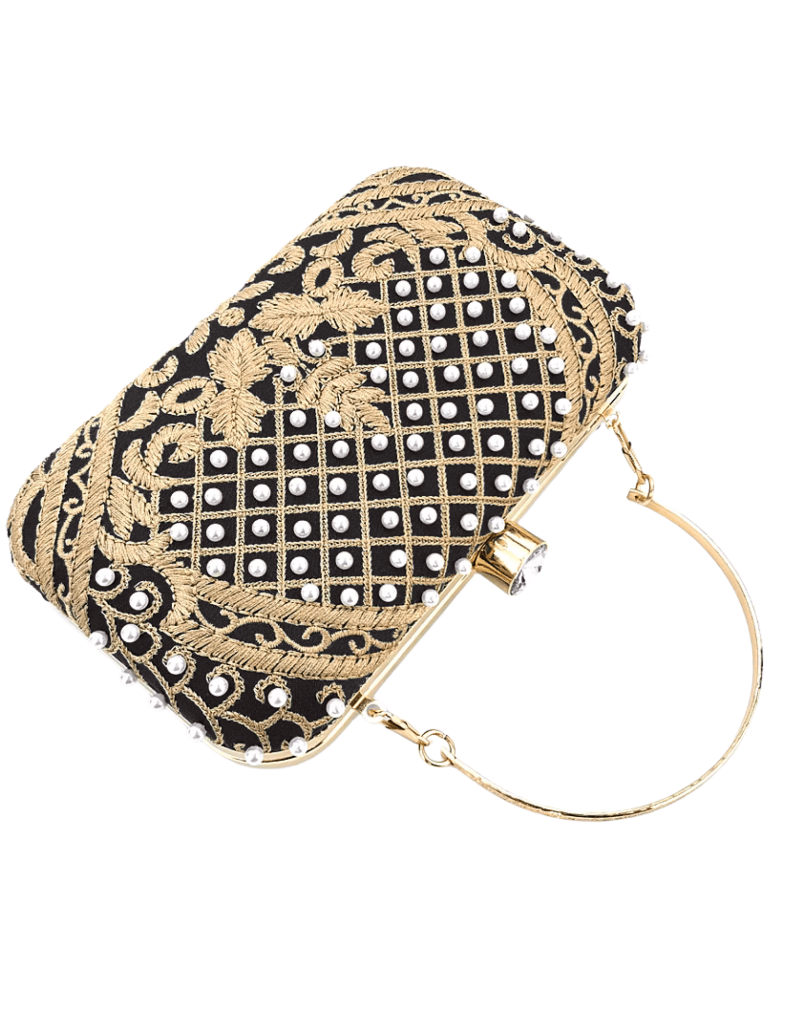 Black satin clutch with gold embroidery and pearl embellishments