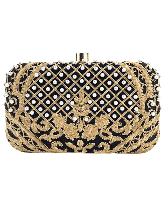 Black satin clutch with gold embroidery and pearl embellishments
