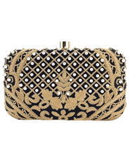 Black satin clutch with gold embroidery and pearl embellishments