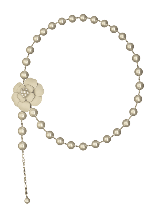 Ivory pearl chain belt with rhinestone camellia pendant and gold-tone metal details