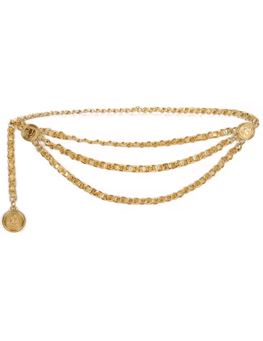Fleur de Camélia gold leather gold chain triple chain belt with coin charms and adjustable chain closure