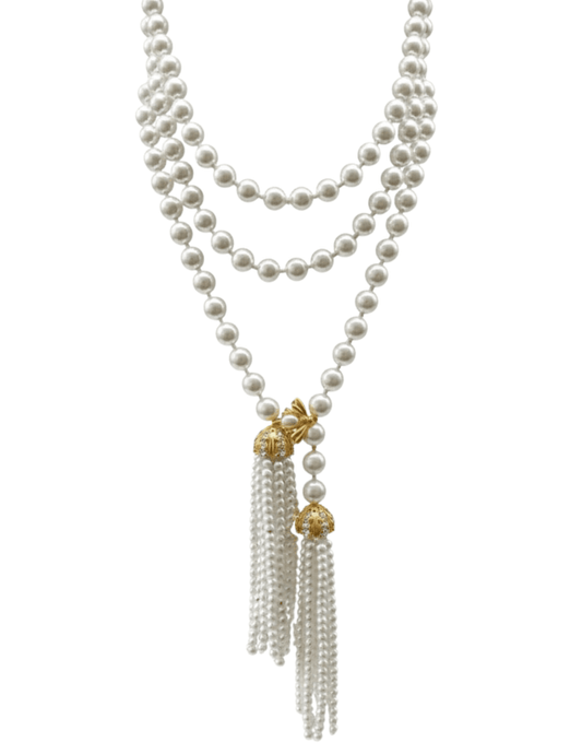Fleur de Camélia Lola Pearl Necklace – long layered pearl necklace with gold accents and tassel details