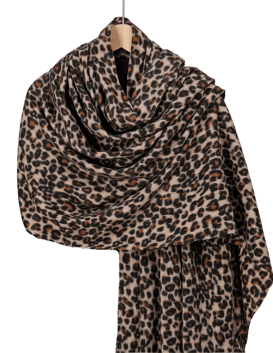 Fleur de Camélia Prima Cashmere Leopard Scarf with fringe hem DRAPED