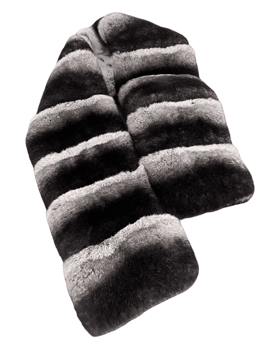 Fleur de Camélia Scarlett Rex Shawl Scarf in black grey rabbit fur.