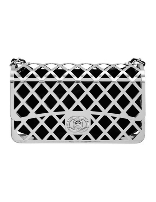 Fleur de Camélia silver metal geometric cage crossbody bag with black pouch