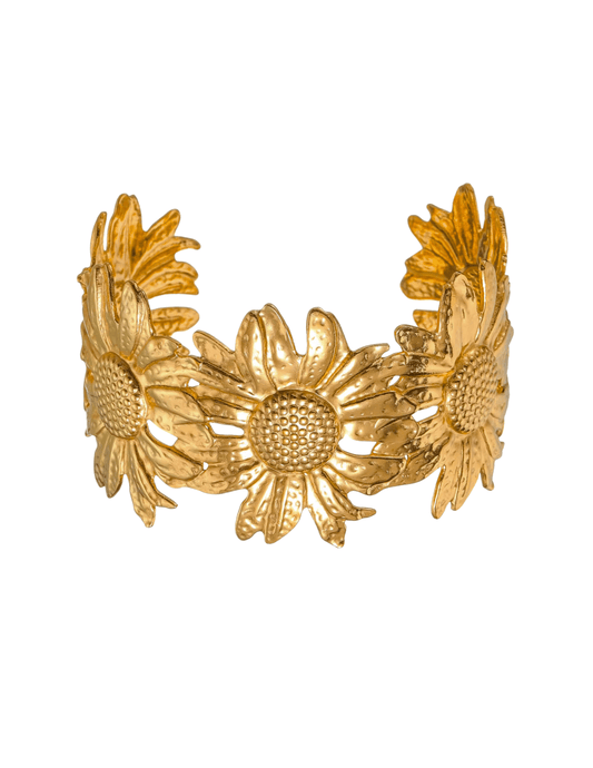 Fleur de Camélia sunflower cuff bracelet in gold open design with sunflower motifs