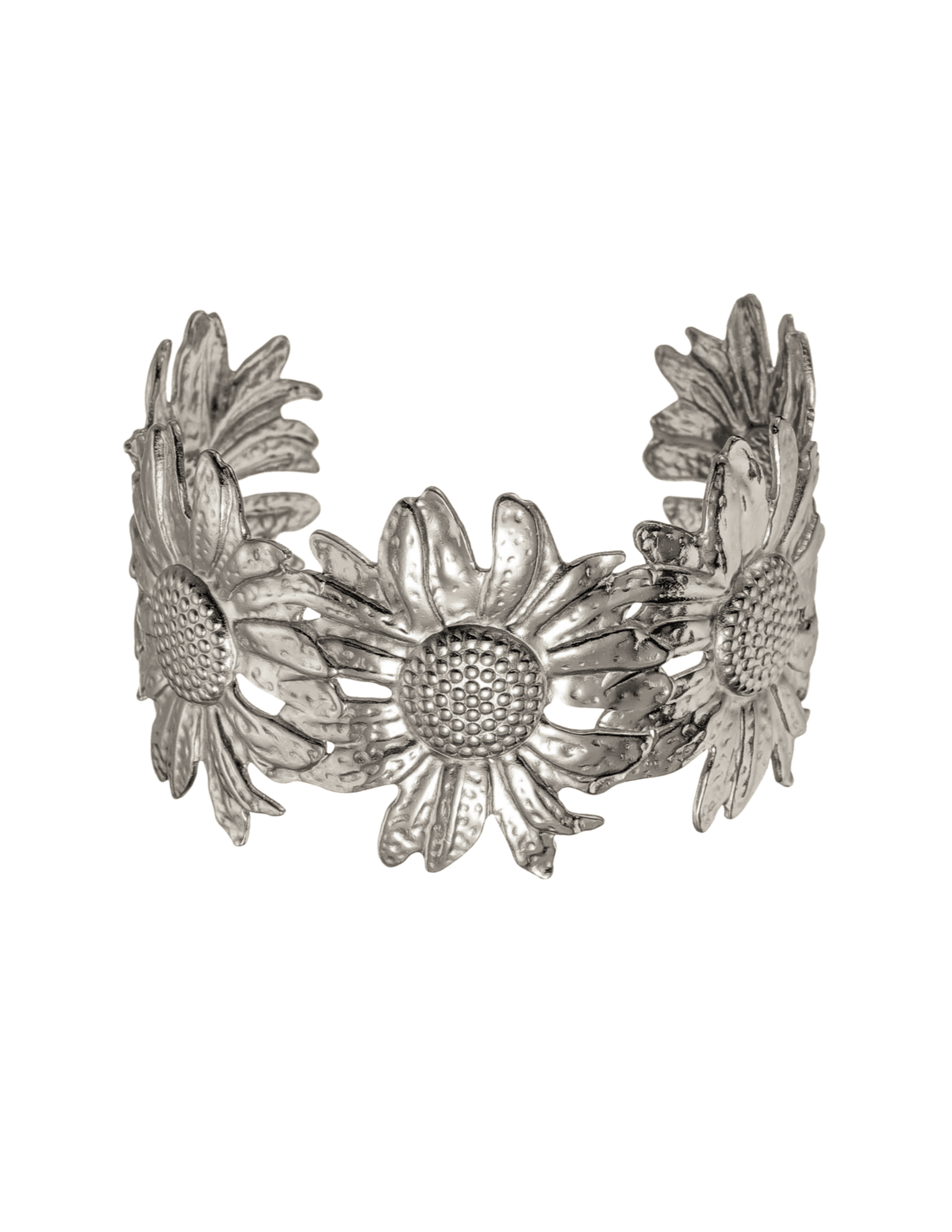 "Fleur de Camélia sunflower cuff bracelet in silver open design with sunflower motifs"