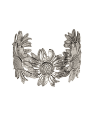 "Fleur de Camélia sunflower cuff bracelet in silver open design with sunflower motifs"