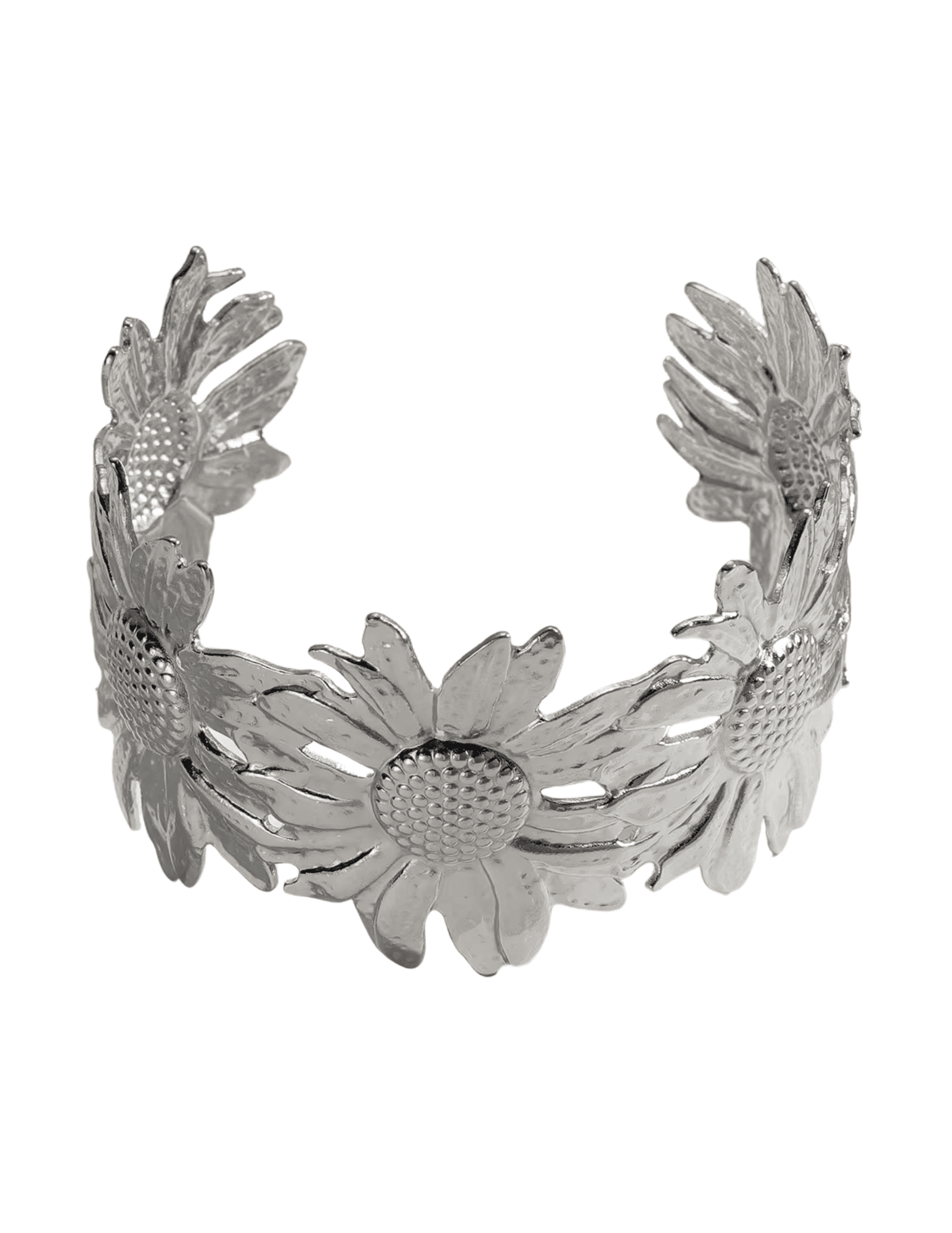 Adjustable open cuff silver sunflower bracelet by Fleur de Camélia"