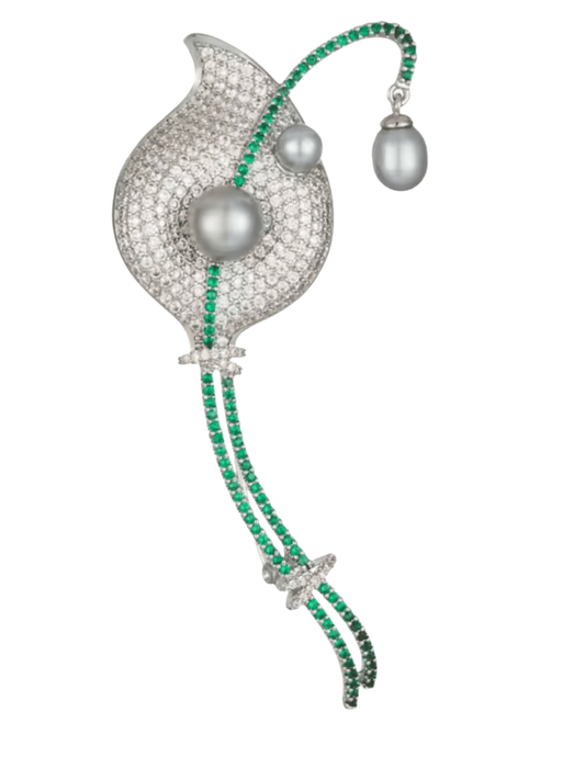 Fleur de Camélia Vera Calla Lily brooch in silver with CZ pavé and pearl dangles
