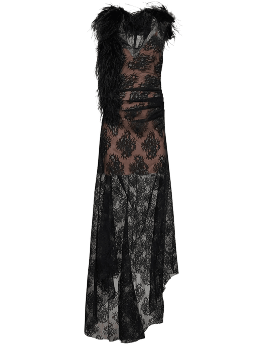 Giuseppe Di Morabito black feather trim gown featuring sheer floral lace, a plunging V-neckline and dramatic asymmetrical maxi silhouette.