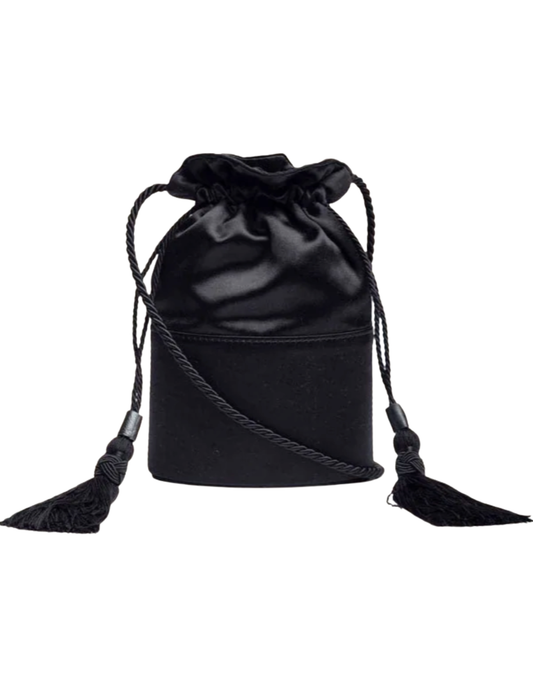Hunting Season The Lola black satin bucket bag with drawstring tassels