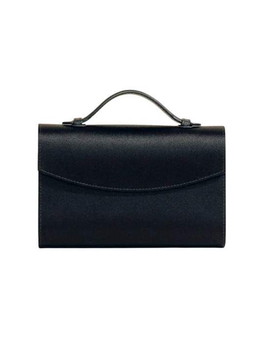 Hunting Season The Top Handle black satin clutch with structured silhouette and curved flap