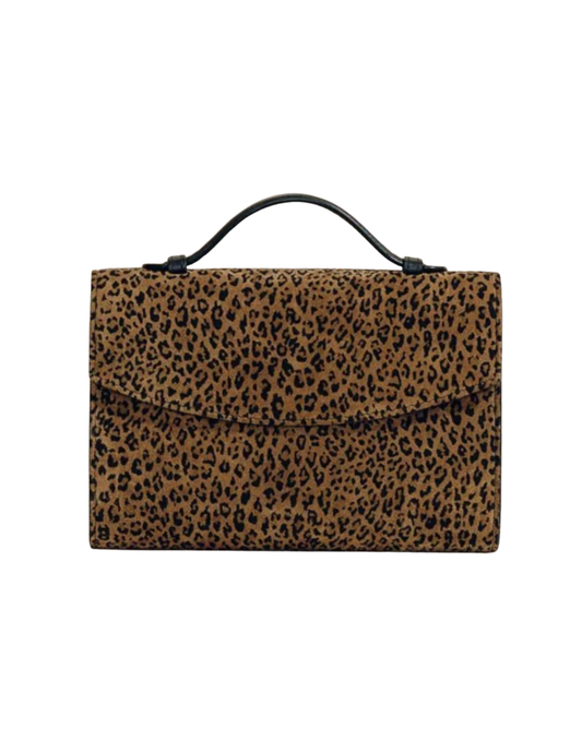 Hunting Season Top Handle leopard print suede clutch with structured silhouette