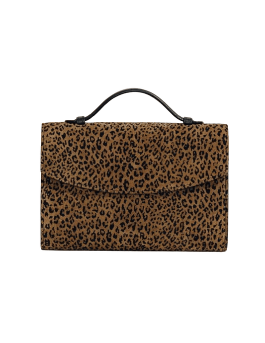 Hunting Season Top Handle leopard print suede clutch with structured silhouette