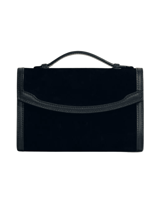 Hunting Season black suede top handle clutch with Western-inspired leather trim