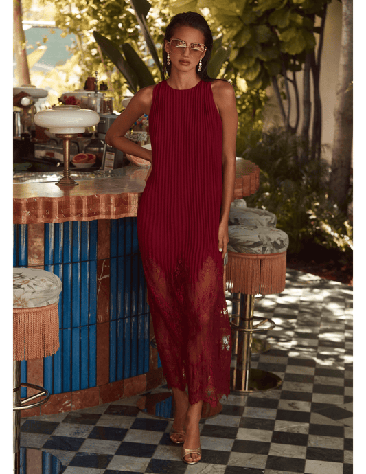 Lifestyle front view of L’AGENCE Adalynn Combination Pleated Maxi Dress in Black Cherry