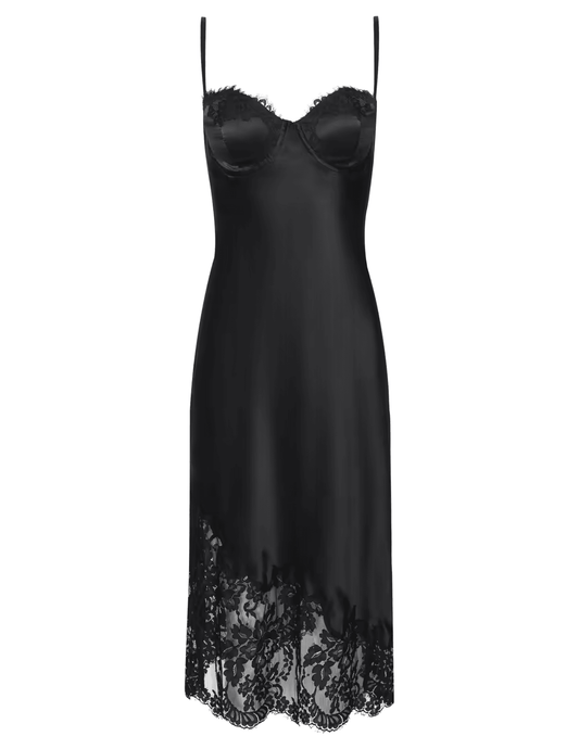 L'AGENCE Adrienne black silk charmeuse midi slip dress with lace-trimmed bustier neckline and floral lace hem