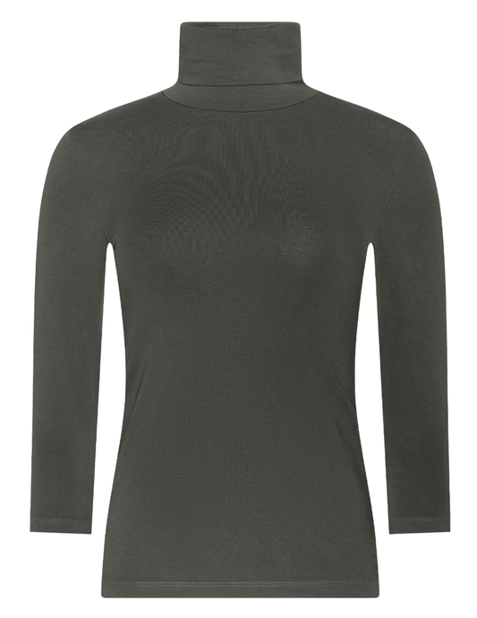 L'AGENCE Aja Three Quarter Sleeve Turtleneck in Army Green featuring a slim fit and soft stretch knit.