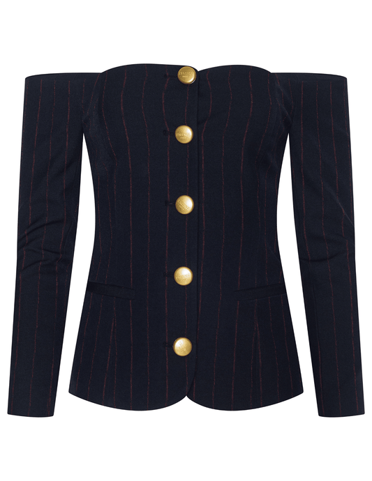 L’AGENCE Alice Off-Shoulder Blazer in Midnight Burgundy Pinstripe with gold dome buttons.”