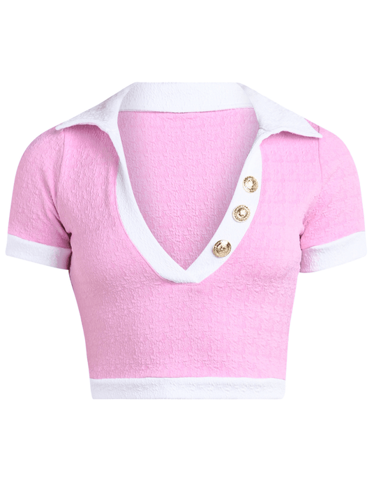 L’AGENCE Anastasia cropped polo rashguard in blush and white